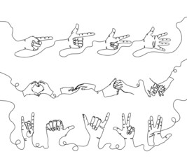 Hand gestures one line set art. Continuous line drawing of gesture, love, friendship, love, support, relax, competition, direction, number.
