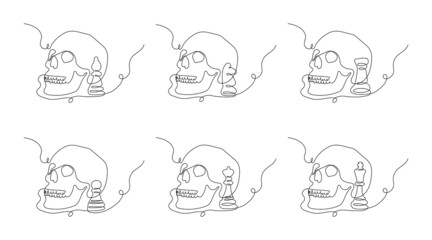 Human skull with chess pieces one line set art. Continuous line drawing of skeleton and pawn, knight, queen, king, bishop.
