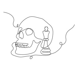 Skull with chess king one line set art. Continuous line drawing of skeleton and chess piece.
