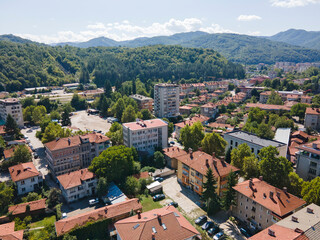 Aerial view of center of town of Troyan, Bulgaria