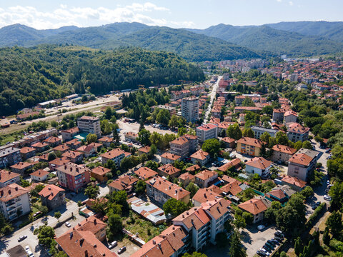 Aerial view of center of town of Troyan, Bulgaria
