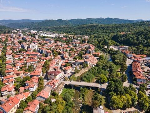 Aerial view of center of town of Troyan, Bulgaria