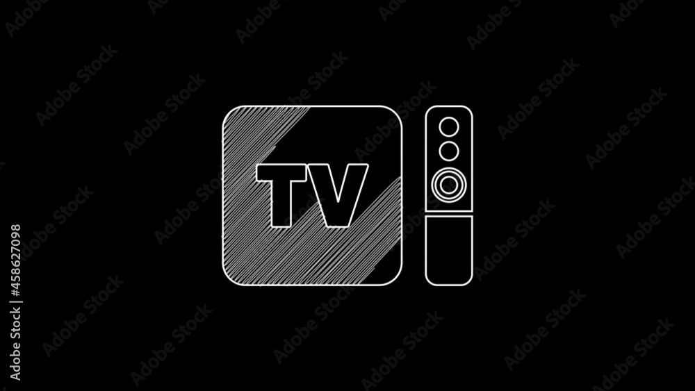 Poster white line multimedia and tv box receiver and player with remote controller icon isolated on black b
