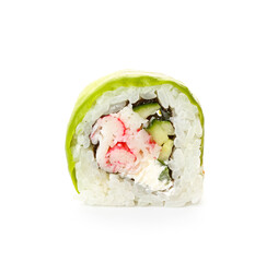 Tasty sushi roll with avocado on white background