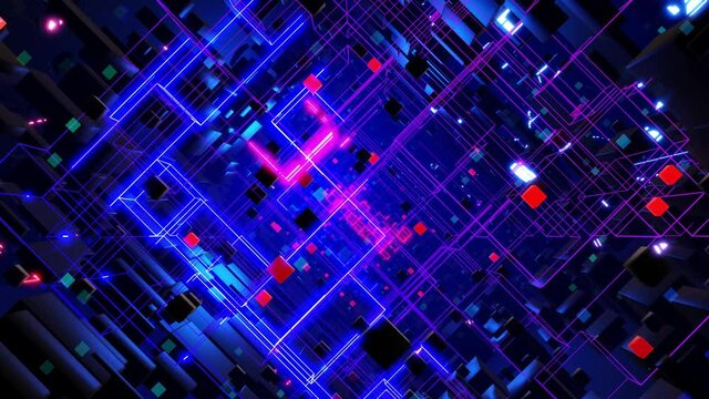 Deep tech or information technology concept. 3d looped background motion graphic. Blue dark sci fi bg flight through tech digital space, neon light. Hi-tech information flow in blockchain or bigdata.