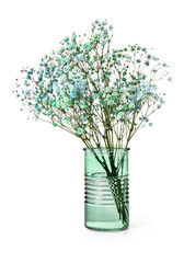Vase with colorful gypsophila flowers on white background