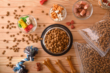 Fototapeta na wymiar Background with various types of dry food for dog top