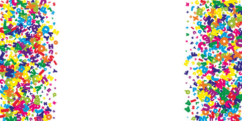 Falling letters of English language. Bright flying words of Latin alphabet. Foreign languages study concept. Quaint back to school banner on white background.