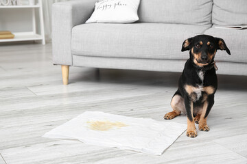 Cute dog near underpad with wet spot on floor