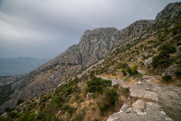Fototapeta na wymiar Views from the Ladder of Kotor, famous hike in Kotor by the Mediteranean Sea, touristic destination in Bbosnia and Herzegovina, Europe