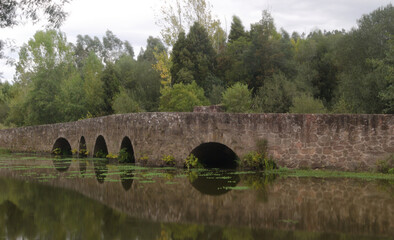 Fototapeta na wymiar Ponte medieval construída em pedra em espelho na água do rio com árvores e arbustos por trás
