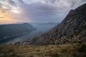 Fototapeta na wymiar Views from the Ladder of Kotor, famous hike in Kotor by the Mediteranean Sea, touristic destination in Bbosnia and Herzegovina, Europe