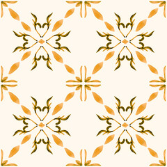 Azulejo watercolor seamless pattern. Traditional Portuguese ceramic tiles. Hand drawn abstract background. Watercolor artwork for textile, wallpaper, print, swimwear design. Orange azulejo pattern.