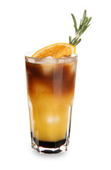 Glass of tasty coffee with orange juice on white background