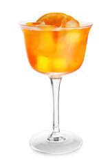 Glass of Aperol spritz cocktail on white background