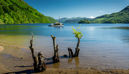 Fototapeta na wymiar Along the West highland Way in Scotland. A view of Loch Lomond showing some tree stumps and an old motor boat on a sunny day