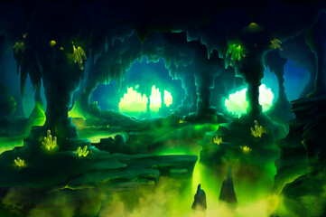 An illustration that depicts a beautiful glowing radioactive cavern. The cave is full of lime-green fog and light. You can see crystals hanging from the wall and a river of green goo.