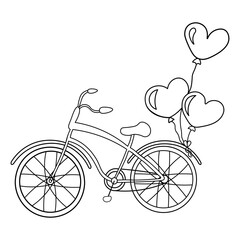 Bicycle with of balloons hearts. Valentine's day for a postcard or a poster. Vector illustration in doodle style isolated on white background.
