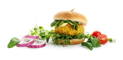 Tasty vegetarian burger and ingredients on white background