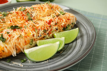 Plate with tasty Elote Mexican Street Corn on table, closeup