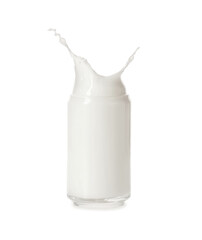 Glass of white milk splashing on white background