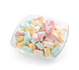 Glass bowl with sweet marshmallows on white background
