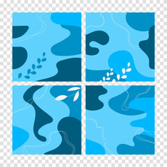 Set abstract backgrounds. Hand drawn various shapes and doodle objects. Contemporary modern trendy vector illustrations. Every background is isolated. Blue colors