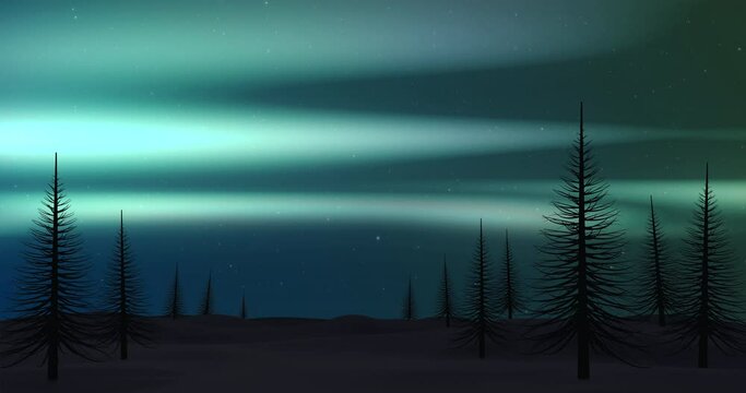 Animation of aurora borealis glowing over silhouettes of fir trees