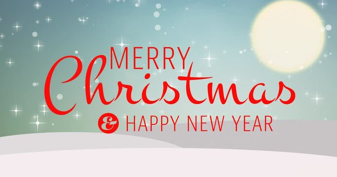 Animation of christmas and new year greetings text in red letters over snow falling