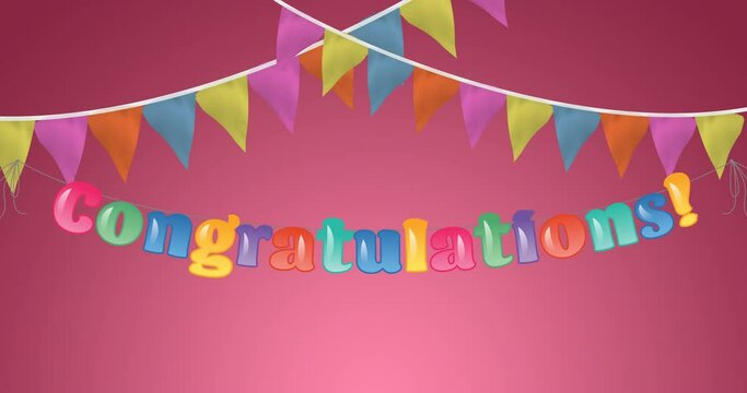 Animation of congratulations text in colourful letters with bunting on pink background
