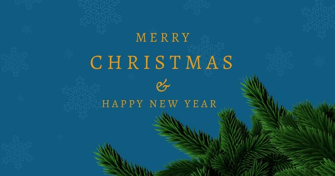 Animation of christmas and new year greetings text with snowflakes and fir tree branch