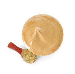 Glass of delicious dalgona hojicha latte and powder on white background