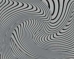  Line art optical art. Psychedelic background. Monochrome background. Optical illusion style. Black dark background. Modern pattern. Abstract graphic texture. Graphic ornament. Vector template