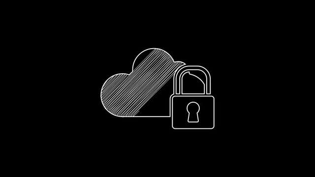 White line Cloud computing lock icon isolated on black background. Security, safety, protection concept. Protection of personal data. 4K Video motion graphic animation