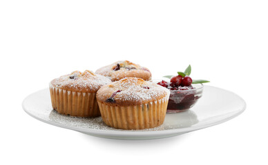 Plate with tasty cranberry muffins on white background
