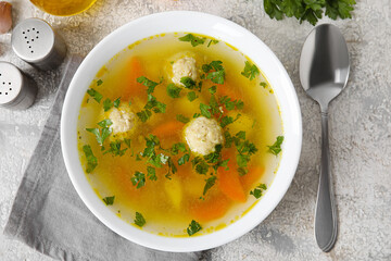 Bowl with tasty meatball soup on light background