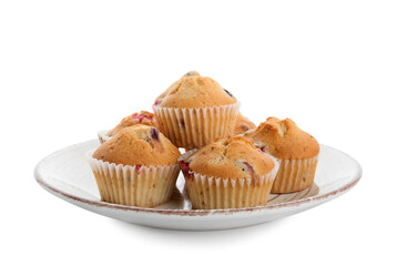 Plate with tasty cranberry muffins on white background