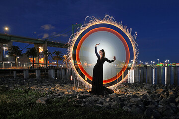 Light Painting in San Pedro California Next to a Bridge