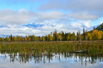 Alaska landscape with lake, mountains and autumn forest colors
