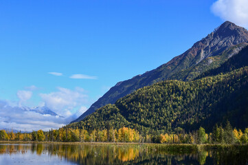 Alaska autumn landscape with mountains and lake in the Matanuska-Susitna Borough.