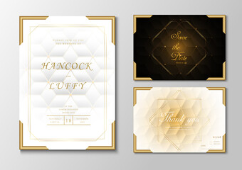  Premium wedding invitation card template. Geometric design luxury background with golden frame