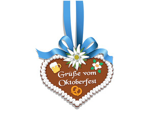 Oktoberfest Lebkuchenherz - Grüße vom Oktoberfest - mit Schleife, Edelweiß, Bretzel, Bierkrug und Blümchen
Vektor Illustration isoliert auf weißem Hintergrund
