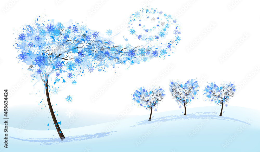 Poster winter nature background with stylized trees representing season - winter. vector.