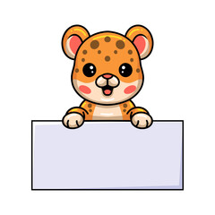 Cute baby leopard cartoon with blank sign