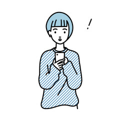 立ってスマートフォンを操作して何かに気づいて驚いたリモートワークの女性