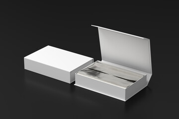 White opened and closed rectangle folding gift box mock up DDD on black background. Side view.