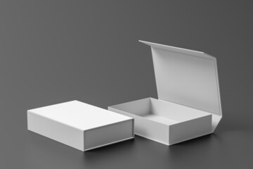 White opened and closed rectangle folding gift box mock up on gray background. Side view.