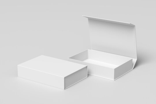 White opened and closed rectangle folding gift box mock up on white background. Side view.