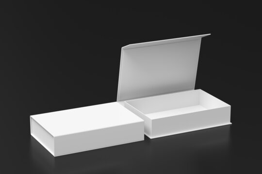 White opened and closed rectangle folding gift box mock up on black background. Side view.