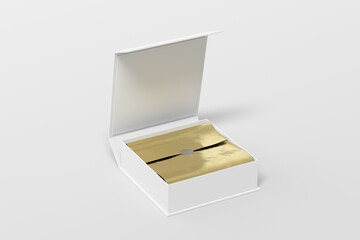 White opened square folding gift box mock up with gold wrapping paper on white background. Side view.